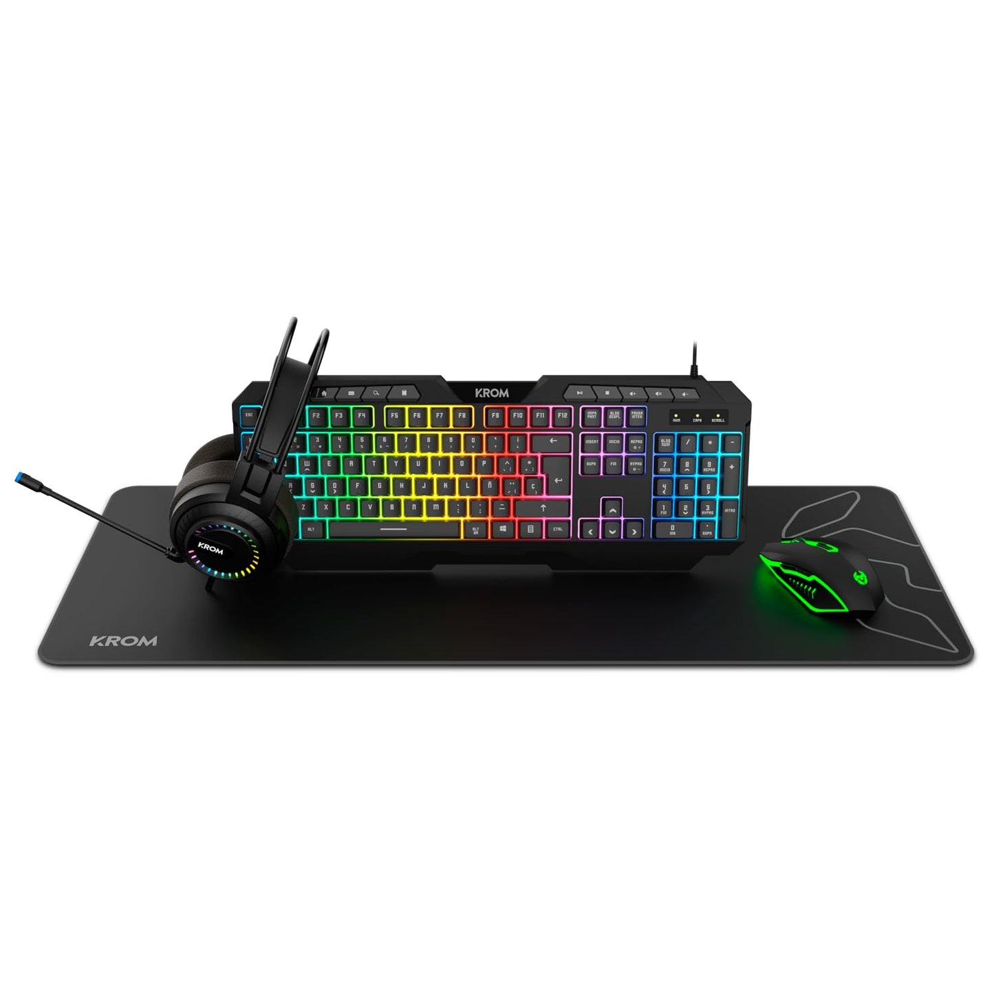 Pack gaming 4 en 1: teclado RGB, ratón 3600 DPI, cascos y alfombrilla XXL