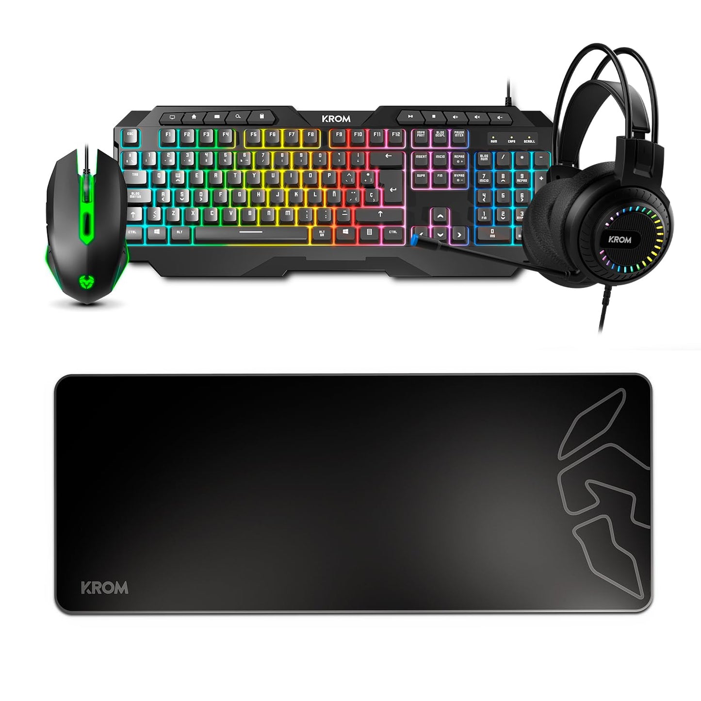 Pack gaming 4 en 1: teclado RGB, ratón 3600 DPI, cascos y alfombrilla XXL