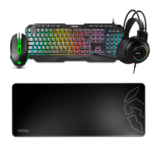 Pack gaming 4 en 1: teclado RGB, ratón 3600 DPI, cascos y alfombrilla XXL